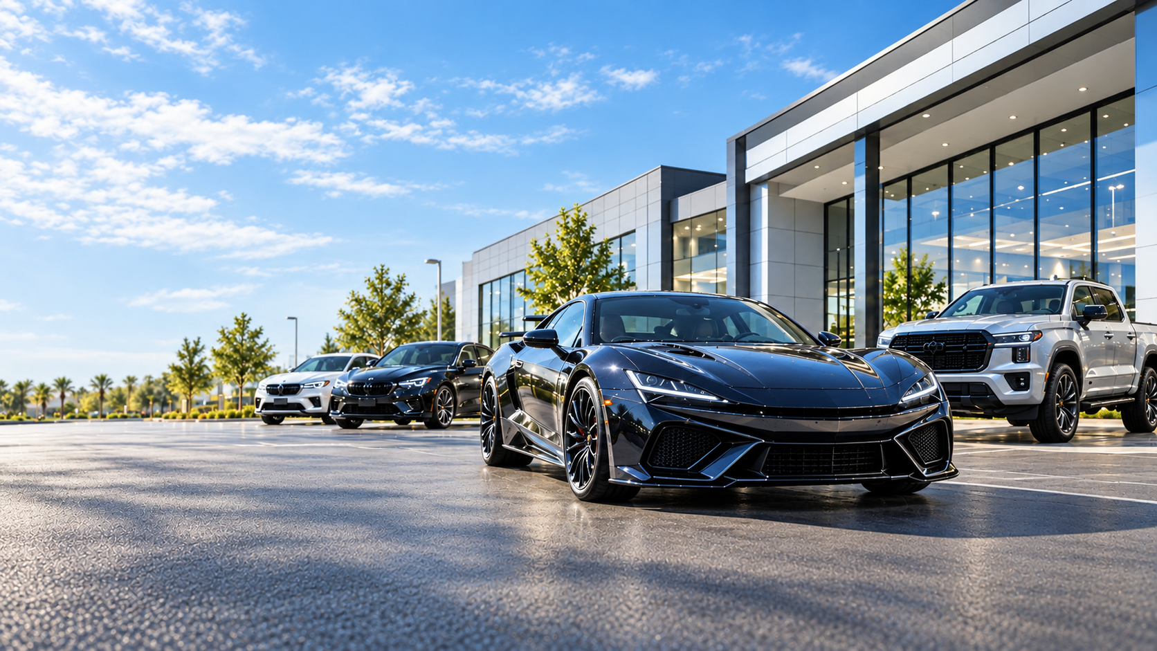 Modern automotive dealership and vehicles in daylight