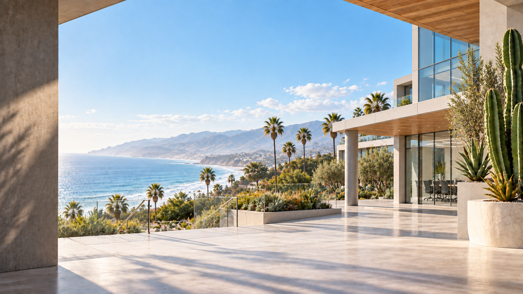 Southern California coastline and ocean beside a modern office terrace with palm trees