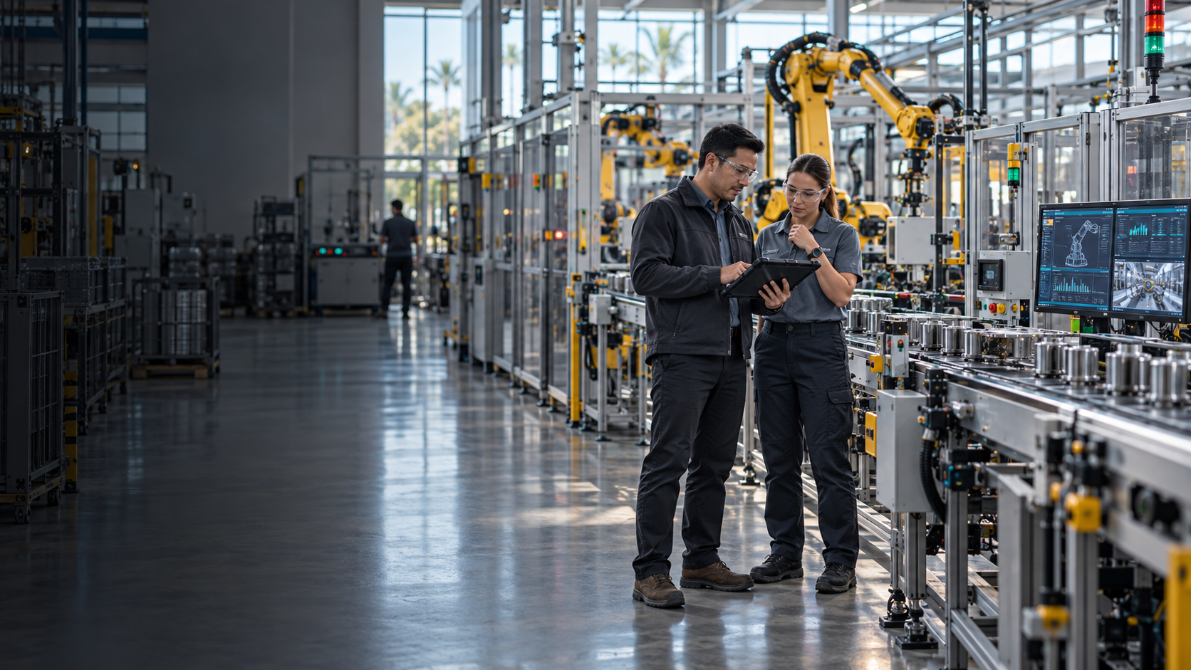 Modern manufacturing operation with engineers and automated production equipment