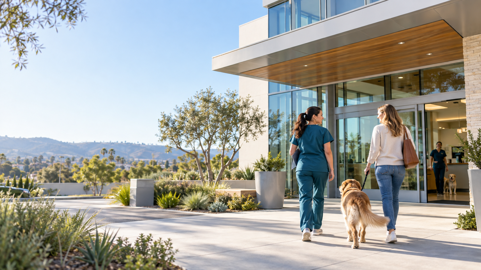 Veterinary clinician welcoming a client and dog to a modern animal hospital